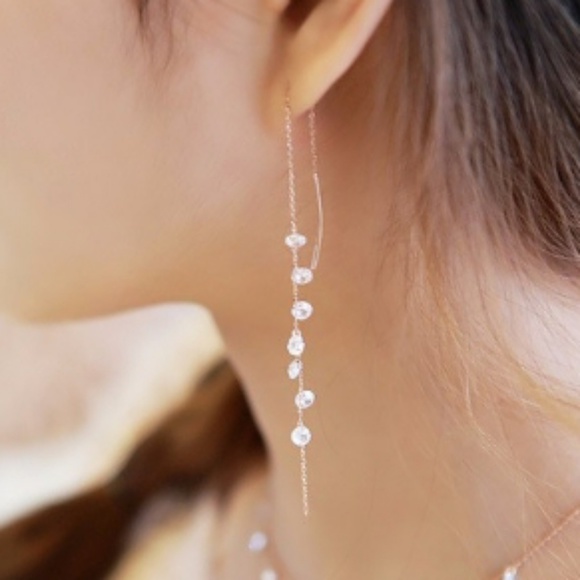 long sparkly chain cz earrings Jewelry - .925 Sterling Silver Long Chain Crystals Rhineston